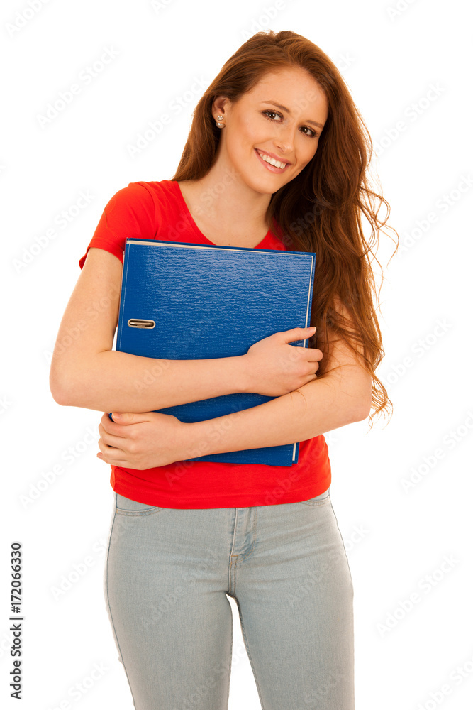 attractive student holding folders isolated over white background attractive student holding folders isolated over white background
