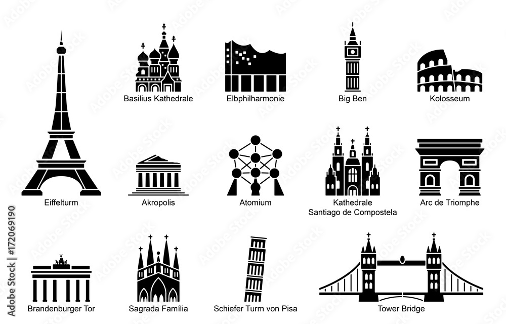 Wunschmotiv: Wahrzeichen von Europa - Iconset (Schwarz/ beschriftet) #172069190