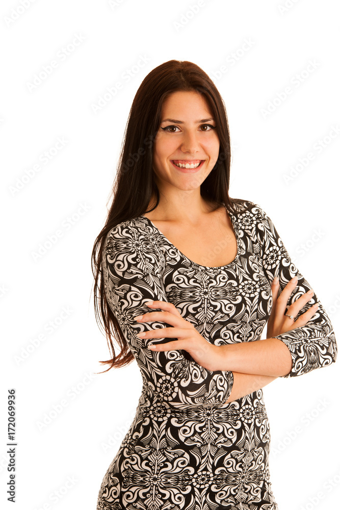 attractive young hispanic woman in stilysh black and white summer dress isolated over white background attractive young hispanic woman in stilysh black and white summer dress isolated over white background