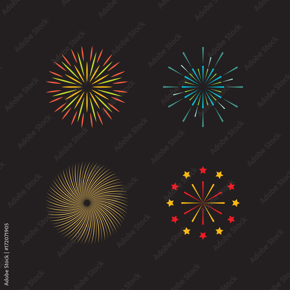 Fototapeta premium Set of 6 realistic fireworks different colors. Festive, bright firework for collage and design brochures
