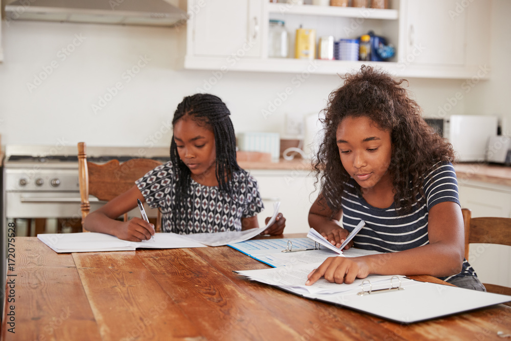 Two Sisters Sitting At Table In Kitchen Doing Homework Two Sisters Sitting At Table In Kitchen Doing Homework