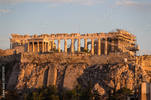 Close-up view of the Parthenon and the Acropolis from a rooftop just before sunrise