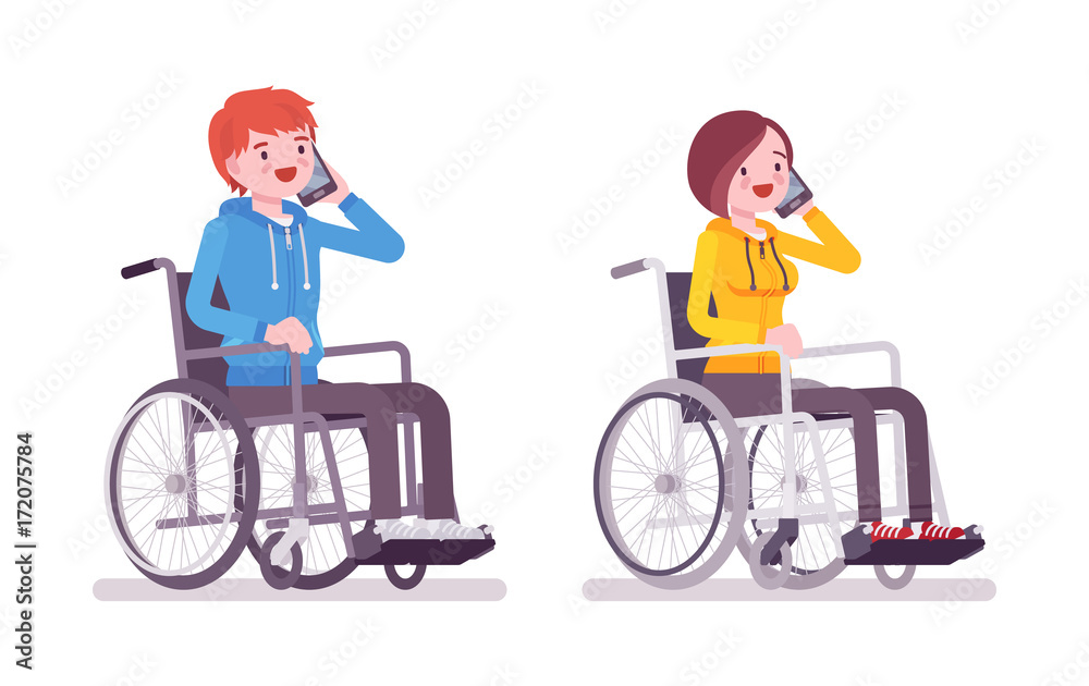 Male and female young wheelchair user phonetalking