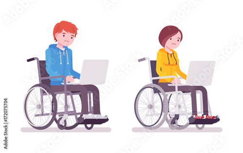 Male and female young wheelchair user working with laptop