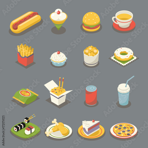 Isometric Retro Flat Fast Food Icons and Symbols Set Flat Design Vector Illustration