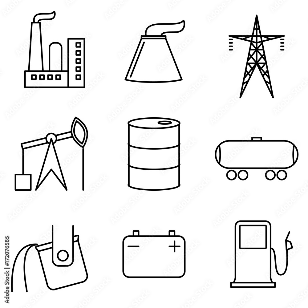 Vector illustration of thin line icons for industry. Collection 17. Linear symbols set: plant, blast furnace, power line, oil tower, barrel, cistern, metallurgy, battery, gas station. Vector illustration of thin line icons for industry. Collection 17. Linear symbols set: plant, blast furnace, power line, oil tower, barrel, cistern, metallurgy, battery, gas station.