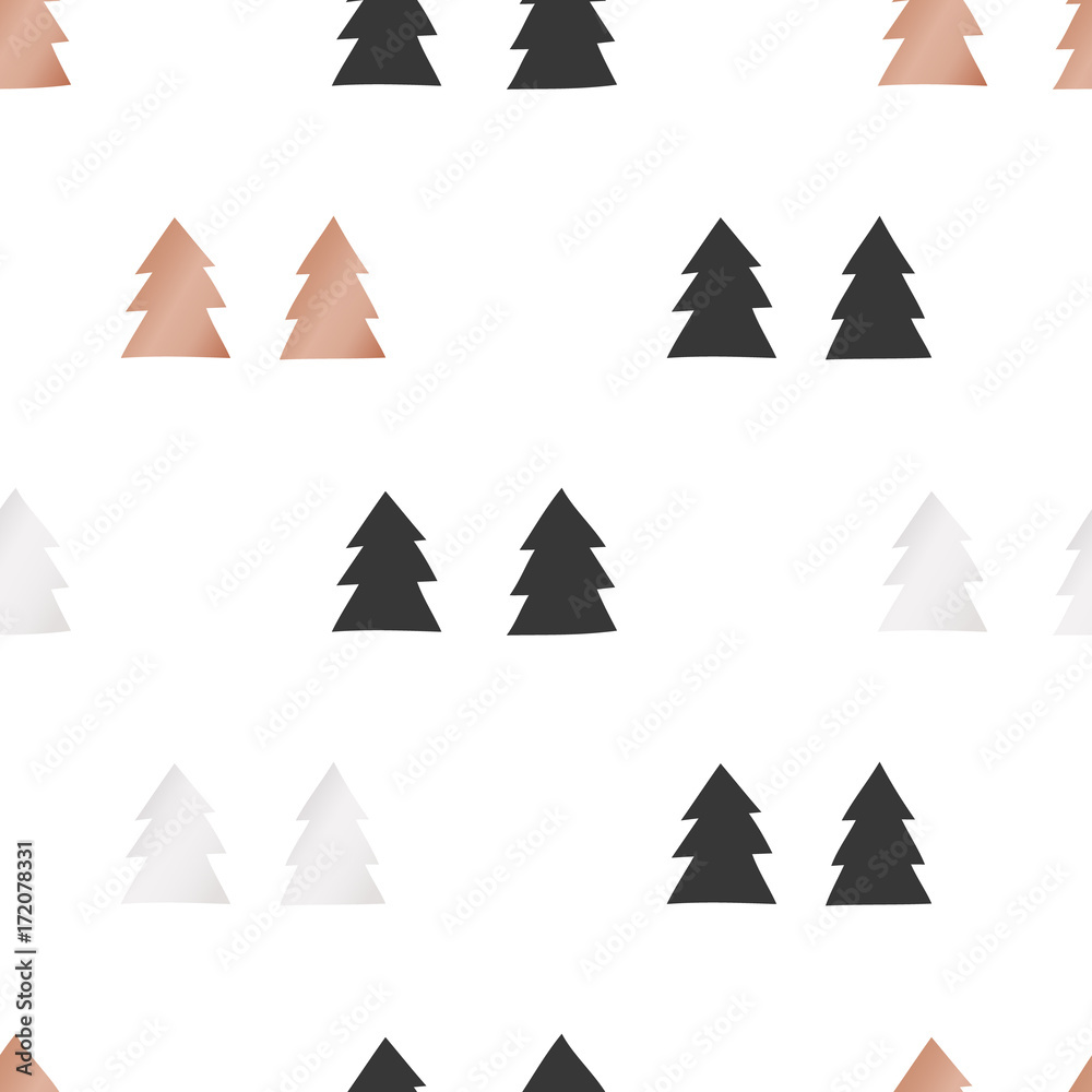 White Christmas and New Year's wrapping paper with Christmas trees of gold and bronze foil. Seamless vector pattern.