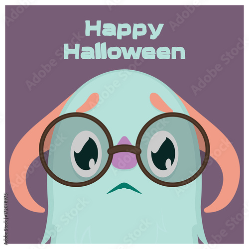 Cute scared little monster with glasses Halloween greeting