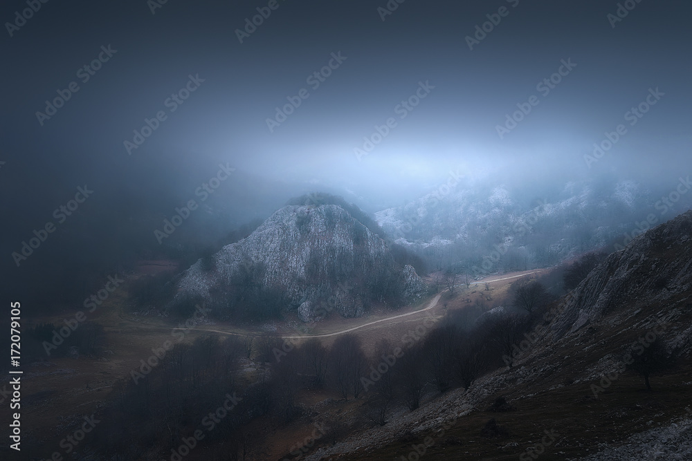 Foggy path in the mountain at evening