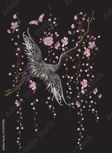 Embroidery oriental floral pattern with crane. Vector embroidered blank with bird for clothing design.
