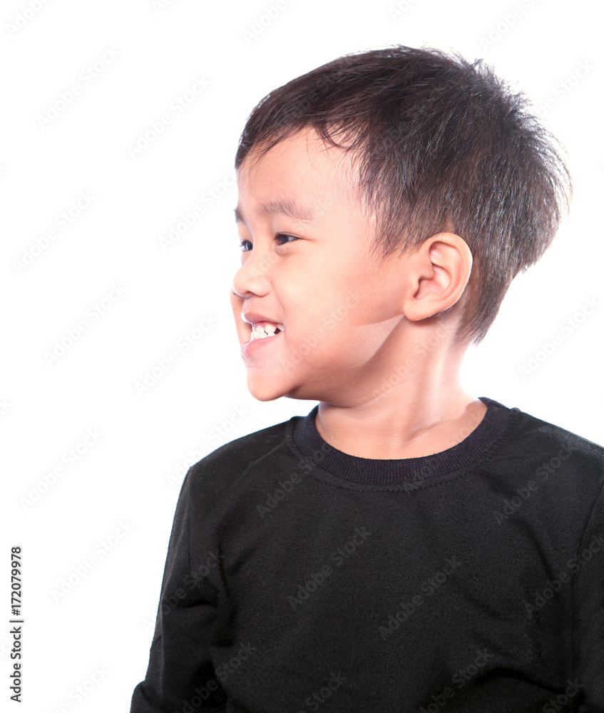 close up side head shot of asian children toothy smiling face isolated white background close up side head shot of asian children toothy smiling face isolated white background