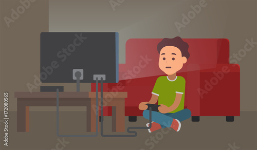 Kid playing video game at night. Gaming addiction. Vector flat illustration photo