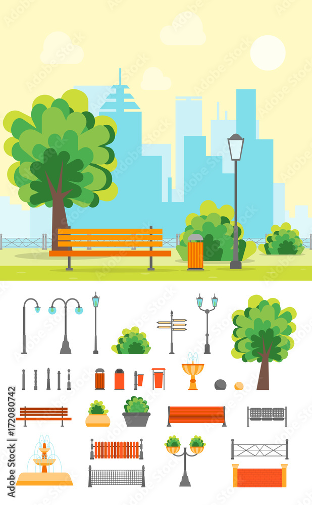Naklejka premium Cartoon Urban Park with Bench and Element Set. Vector