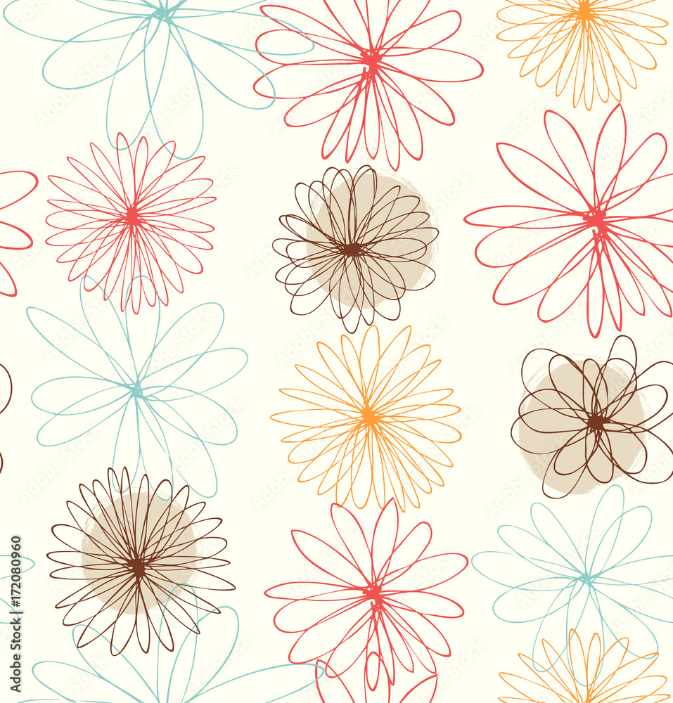 Cute decorative drawn background with round fantasy flowers