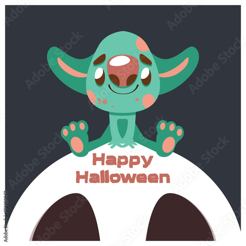 Joyful green monster with big ears Halloween greeting
