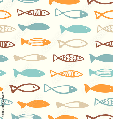 Decorative cute drawing pattern with funny fish. Seamless marine background. Vector fabric texture
