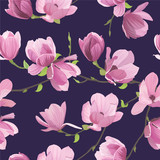 Seamless pattern magnolia flowers on dark purple background. Vector set of blooming floral for wedding invitations and greeting card design.