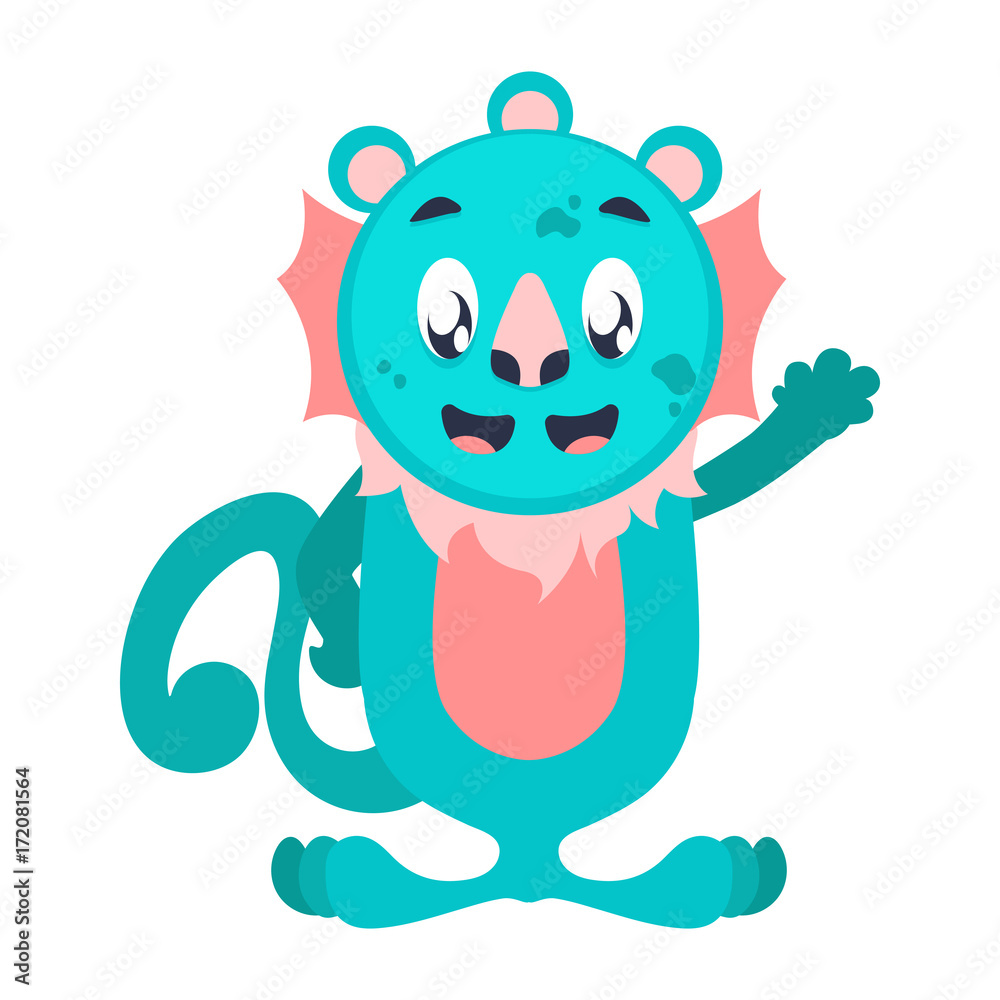 Three eared two mouthed monster smiling and waving Three eared two mouthed monster smiling and waving