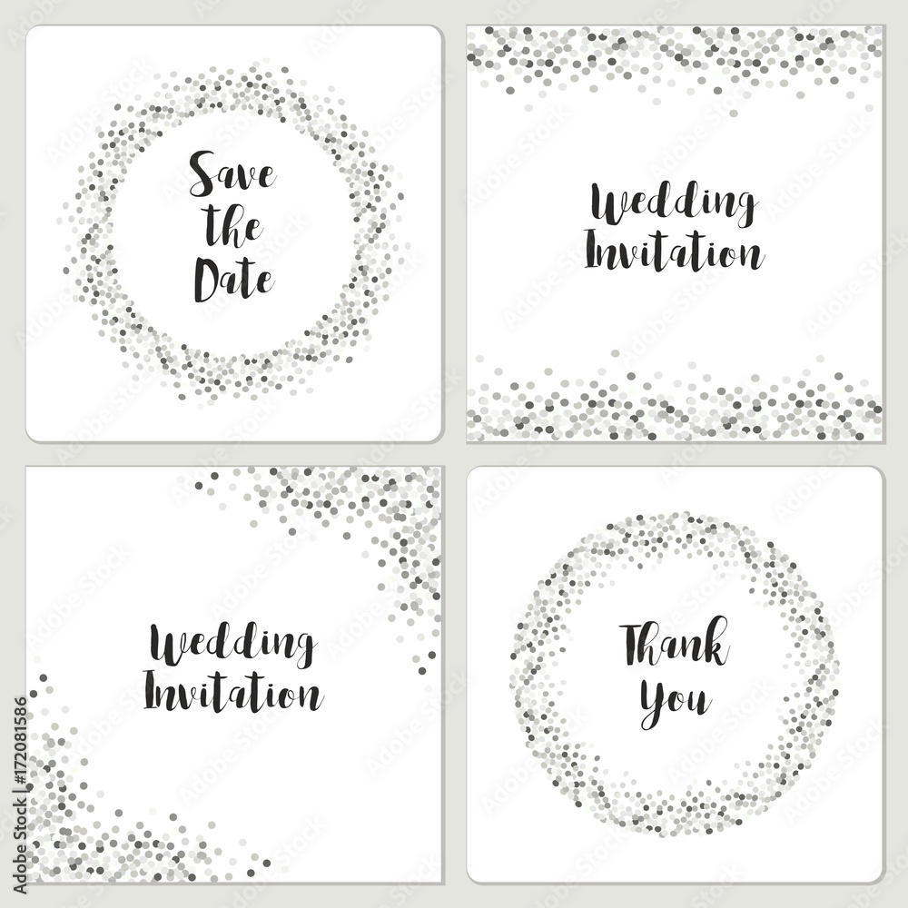 Set of luxury wedding card templates with silver glitter confetti