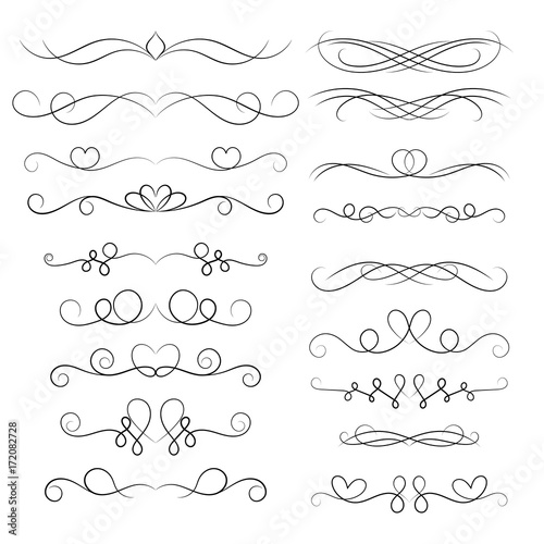 Set of decorative floral swirls elements, dividers, page decors. Hand drawn vector ornaments with heart.