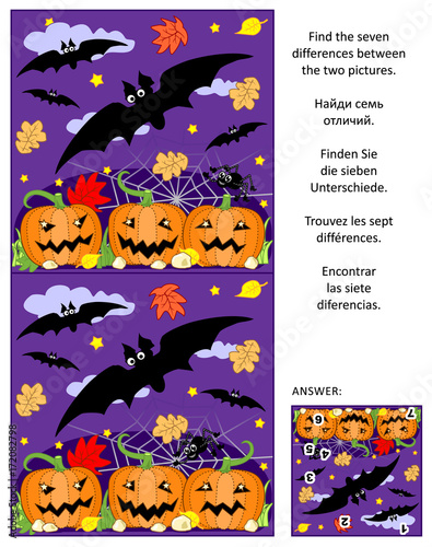 Halloween themed visual puzzle: Find the seven differences between the two pictures of flying bats, pumpkin field, spider. Answer included. 