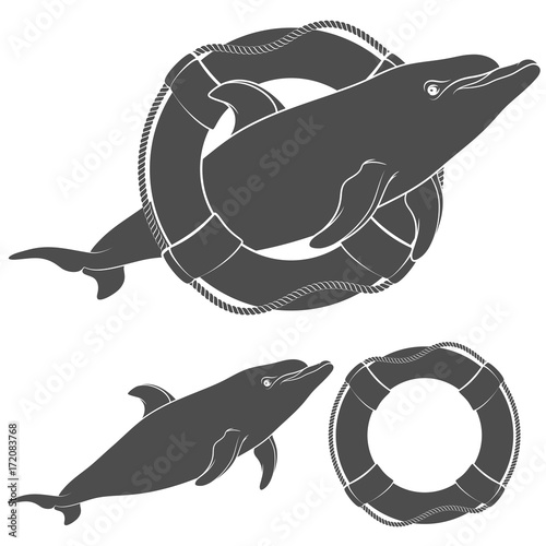 Set of black and white illustrations with a dolphin and a life buoy. Isolated objects on white background.