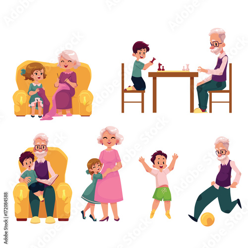 Grandparent spending time with grandchildren - playing chess and football, knitting, reading, hugging, cartoon vector illustration isolated on white background. Grandparent and grandchildren