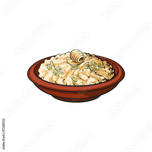 Hand drawn bowl of mashed pototo with piece of butter on top, sketch style vector illustration isolated on white background. Sketch style, realistic drawing of bowl with mashed potato