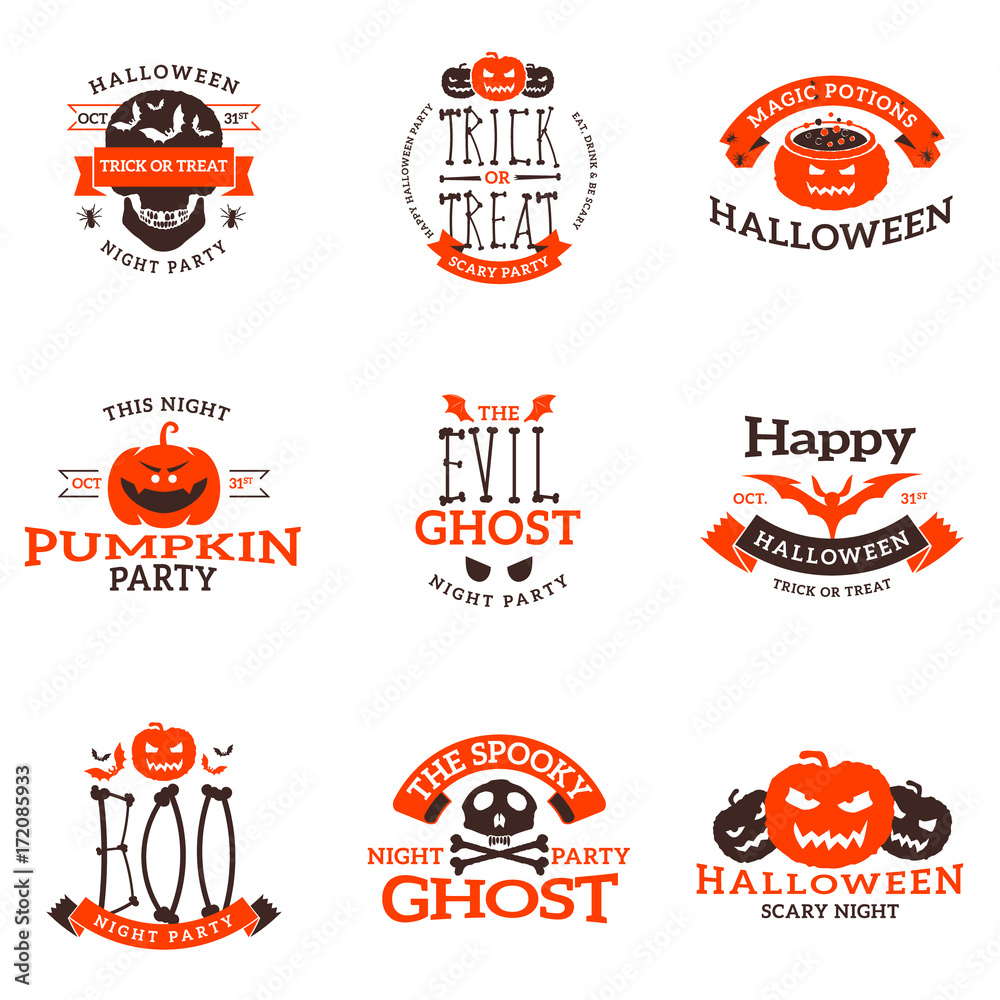 Fototapeta premium Set of happy Halloween badges. Vector design elements for greetings card, party flyer and promotional materials. Vector illustration