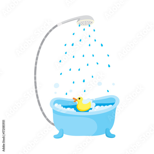 vector flat cartoon ceramic empty bathtube with shower, bubbles and duck toy inside. Isolated illustration on a white background. Daily routine activities and objects concept