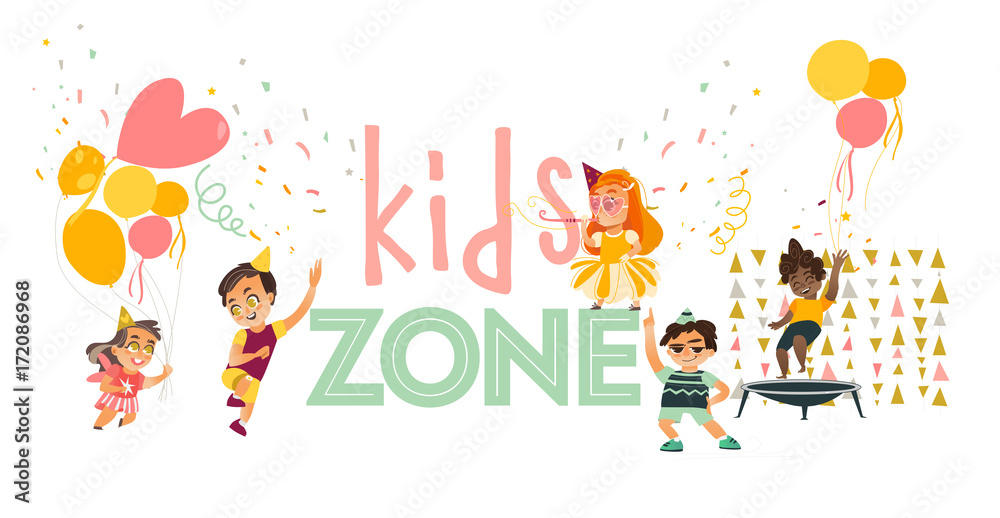 vector flat kids zone ,at party set. Funny girls in hat whistling, dancing , running with balloon, boys jumping at trampoline, and dancing . Isolated illustration on white background