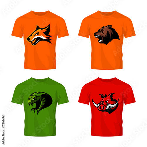 Furious fox, bear, snake and boar sport vector logo concept set isolated on white background. 
Street wear mascot team badge design. Premium quality wild animal emblem t-shirt tee print illustration.