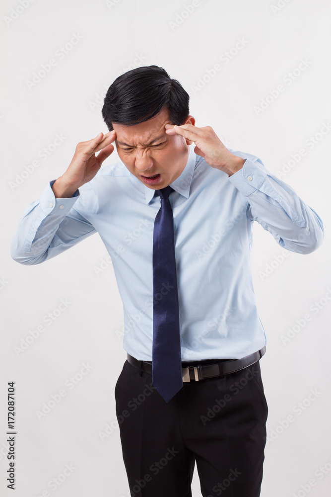 sick, stressed, overworked man with headache, migraine, vertigo, hangover sick, stressed, overworked man with headache, migraine, vertigo, hangover