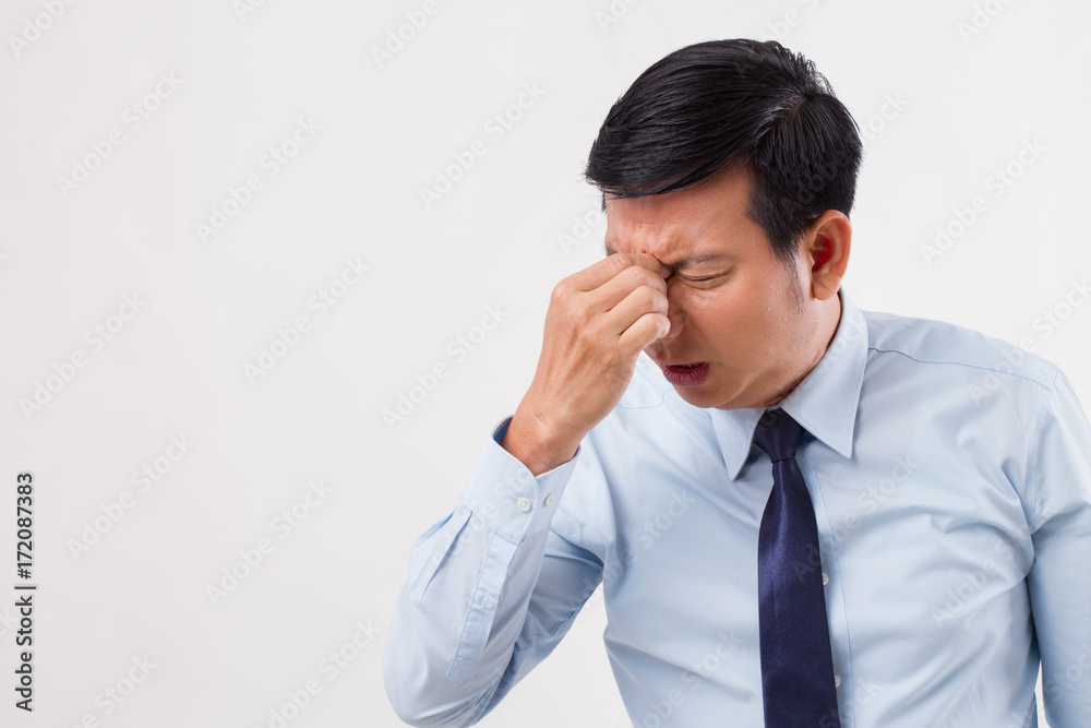 sick, stressed, overworked man with sinus headache, blurred vision sick, stressed, overworked man with sinus headache, blurred vision