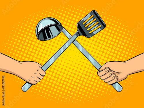 Battle on kitchen utensils pop art vector