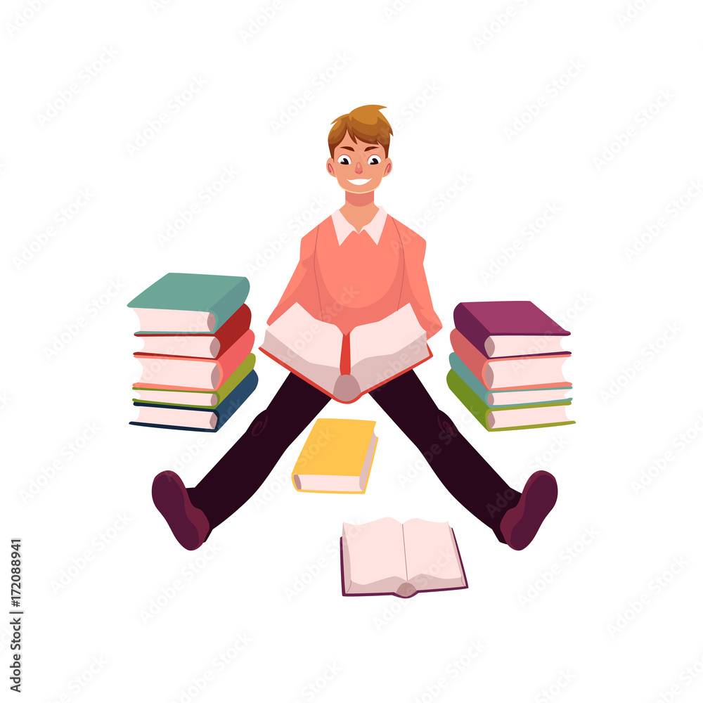 Young man reading sitting on the floor among many books, cartoon vector  illustration isolated on white background. Cartoon man, guy, student reading  a book, studying, sitting on the floor Stock Vector |