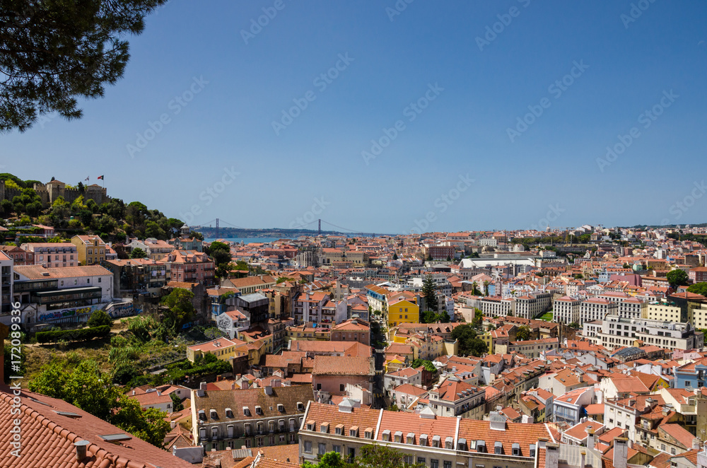 View on Lisbon city, Castle S. Jorge and bridge 25 de Abril, Portugal