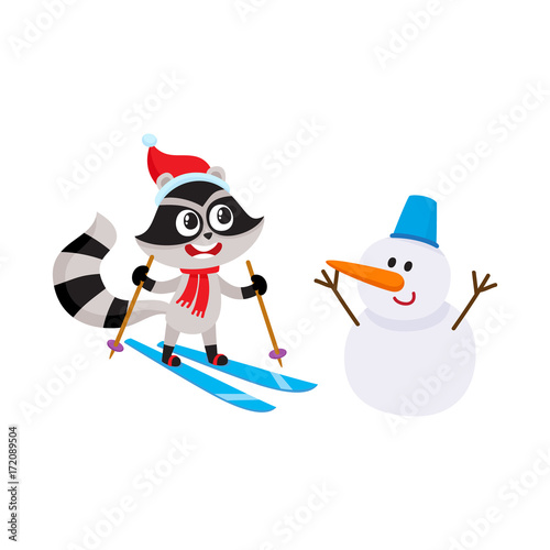 Cute little skiing raccoon character and funny snowman, winter activity, cartoon vector illustration isolated on white background. Little skiing raccoon character and snowman, having fun in winter