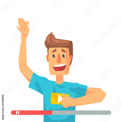 Emotional video blogger man speaking. Colorful cartoon character vector Illustration