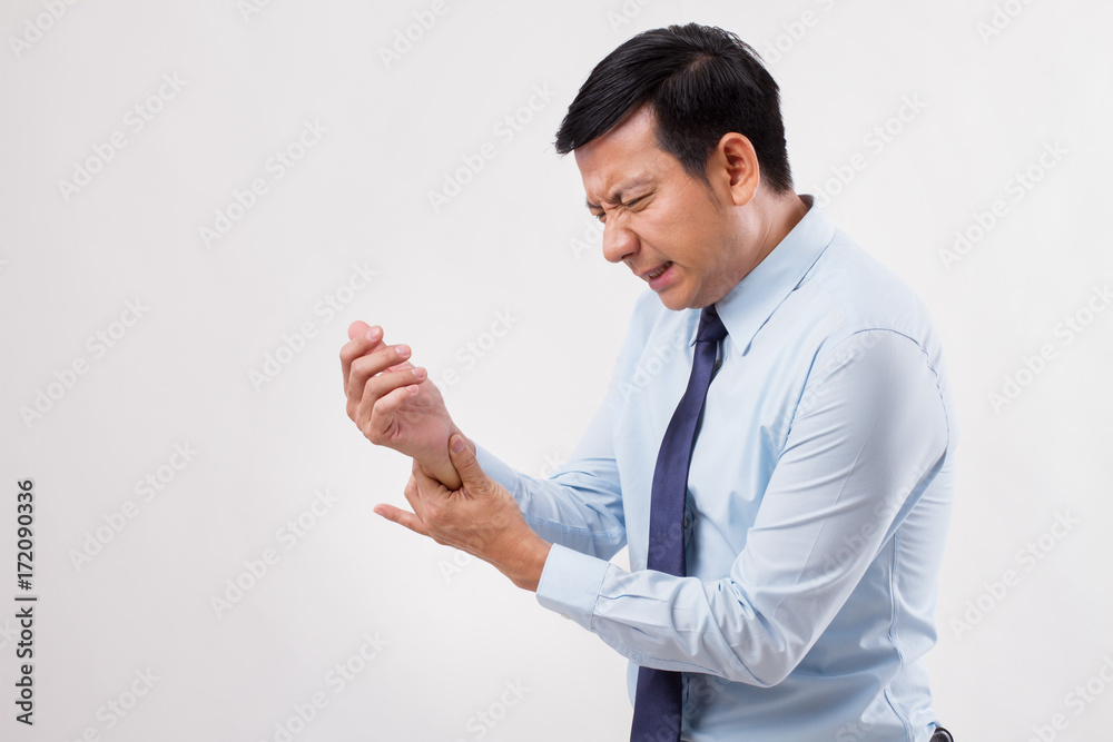 sick man suffering from trigger finger, wrist injury, arthritis sick man suffering from trigger finger, wrist injury, arthritis