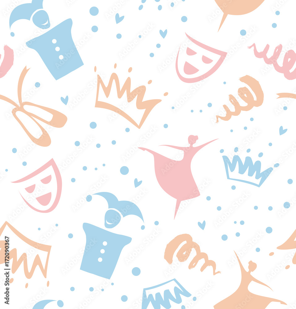Seamless childish pattern with decorative elements of theater, ballet, fairy-tale. Baby cute background
