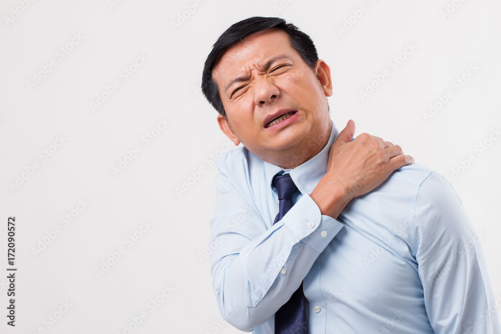 asian business man suffering from neck pain, arthritis, gout symptoms asian business man suffering from neck pain, arthritis, gout symptoms