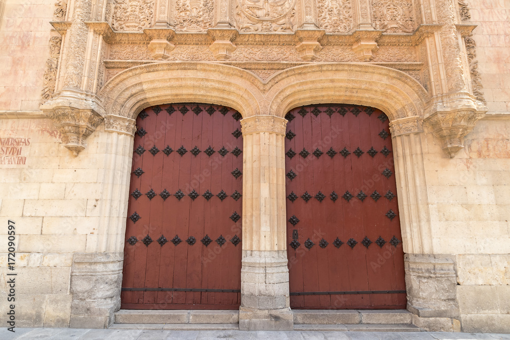 Exterior of the medieval cathedral, facade detail. Red doors in the facade of Salamanca new cathedral, Community of Castile and Leon, Spain. Declared a World Heritage Site in 1988 Exterior of the medieval cathedral, facade detail. Red doors in the facade of Salamanca new cathedral, Community of Castile and Leon, Spain. Declared a World Heritage Site in 1988