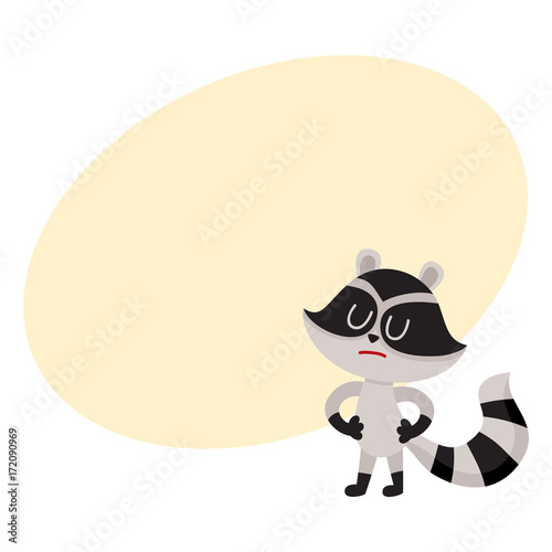 Cute displeased, sad raccoon character showing negative emotion, cartoon vector illustration with space for text. Sad, displeased little raccoon standing with closed eyes and pursed mouth