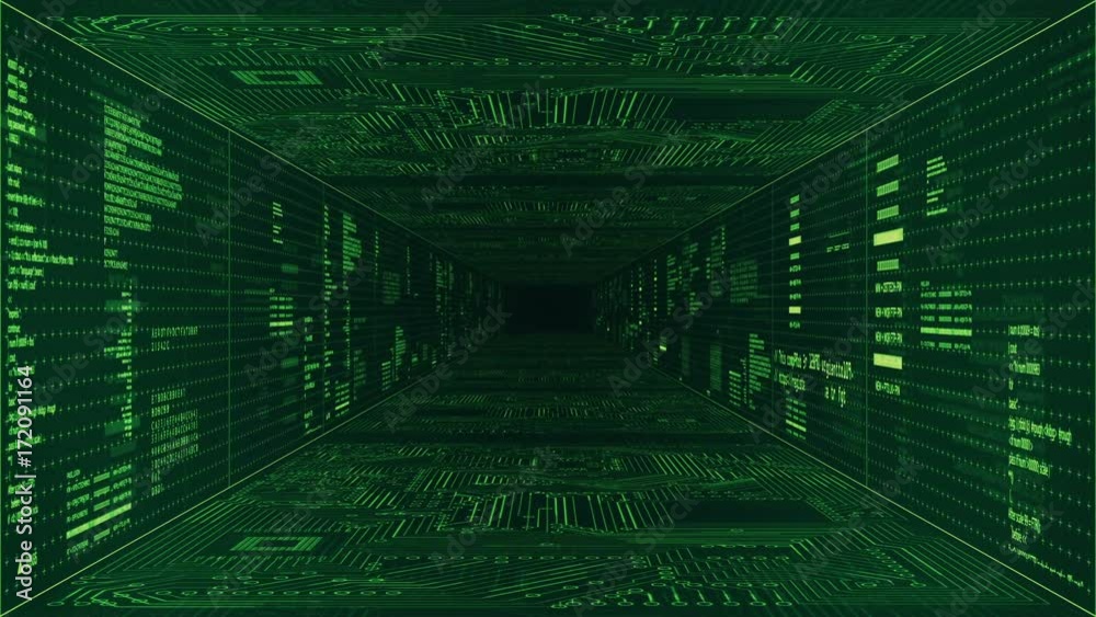 Technological intro.Data digital code sci fi corridor. HUD tunnel opener. green.Type3