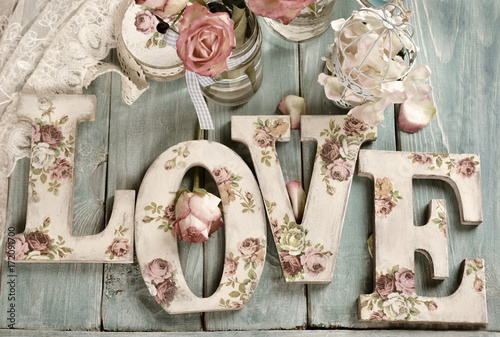love background with vintage style letters and roses