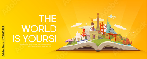 Travel to World. Open book with landmarks.