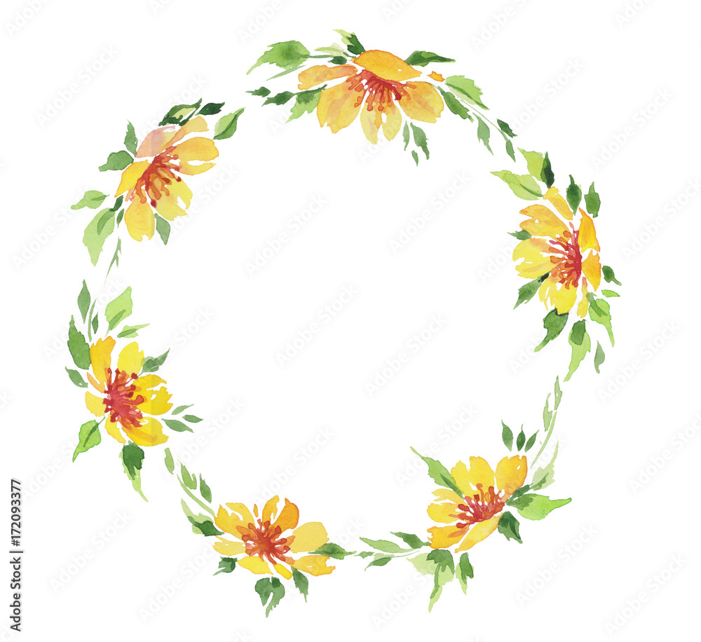 watercolor illustration of yellow flowers wreath