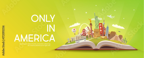 Travel to America. Open book with landmarks.