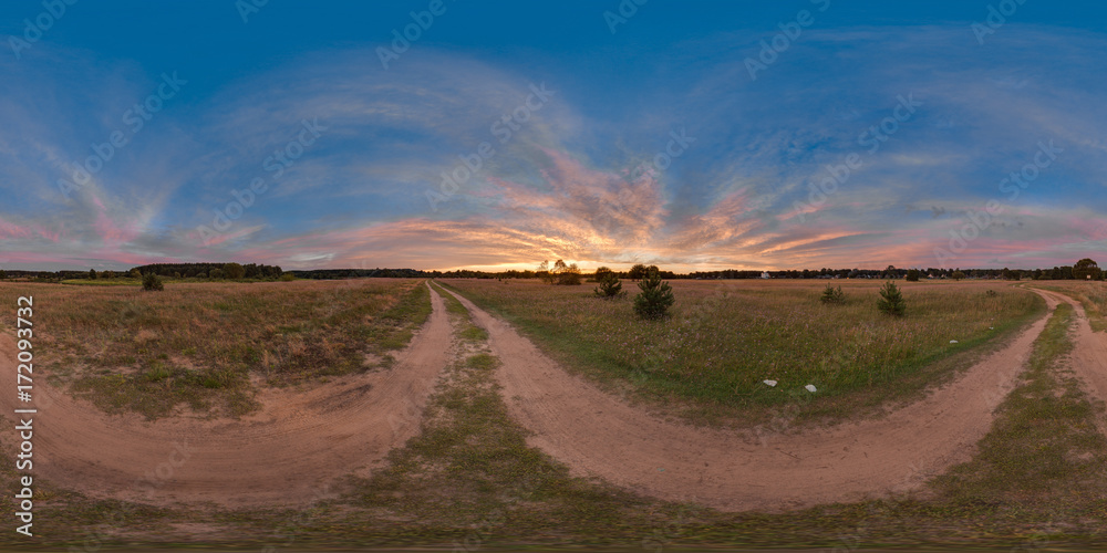 3D spherical panorama with 360 viewing angle. Ready for virtual reality or VR. Full equirectangular projection. Sunset in the field. Road in the field.